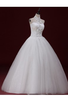 Tulle Halter Floor Length Sleeveless Ball Gown Dress with Applique