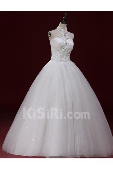 Tulle Halter Floor Length Sleeveless Ball Gown Dress with Applique