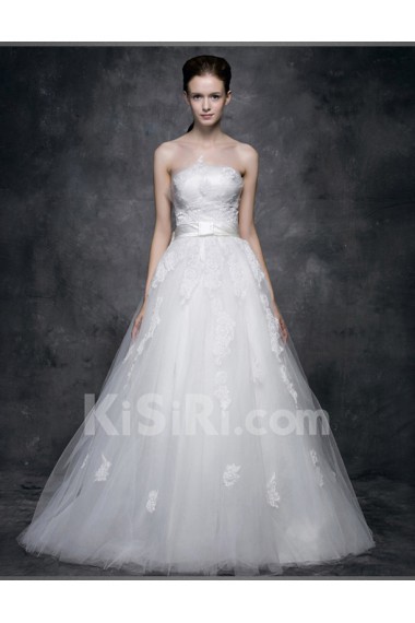 Lace, Satin Strapless Floor Length Sleeveless A-line Dress with Sash