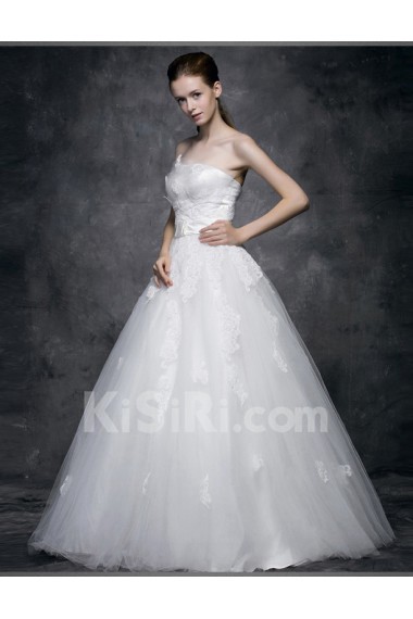 Lace, Satin Strapless Floor Length Sleeveless A-line Dress with Sash