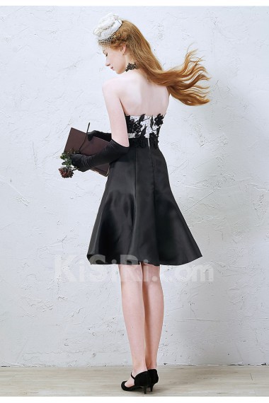 Satin, Lace Strapless Mini/Short Sleeveless A-line Dress with Bow, Handmade Flowers