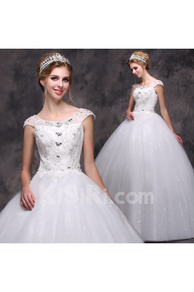 Lace, Satin, Tulle Scoop Floor Length Cap Sleeve Ball Gown Dress with Rhinestone, Sequins