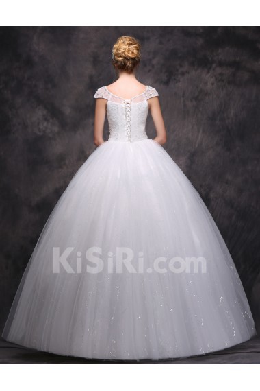 Lace, Satin, Tulle Scoop Floor Length Cap Sleeve Ball Gown Dress with Rhinestone, Sequins