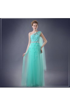 Chiffon One-shoulder Floor Length Sleeveless Sheath Dress with Handmade Flowers, Rhinestone