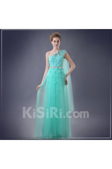 Chiffon One-shoulder Floor Length Sleeveless Sheath Dress with Handmade Flowers, Rhinestone