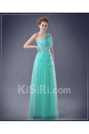 Chiffon One-shoulder Floor Length Sleeveless Sheath Dress with Handmade Flowers, Rhinestone