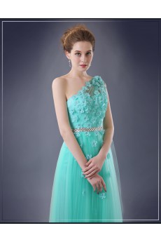 Chiffon One-shoulder Floor Length Sleeveless Sheath Dress with Handmade Flowers, Rhinestone