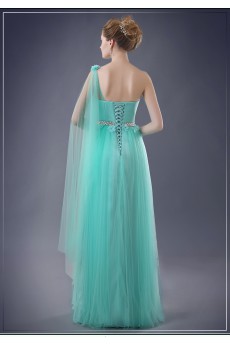 Chiffon One-shoulder Floor Length Sleeveless Sheath Dress with Handmade Flowers, Rhinestone