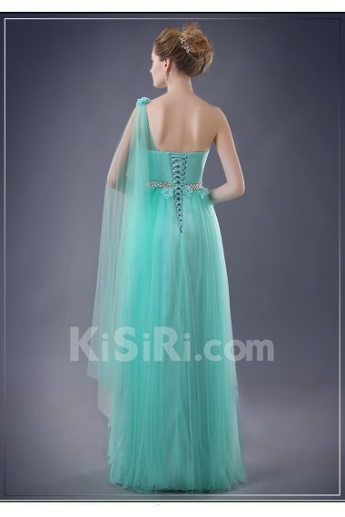 Chiffon One-shoulder Floor Length Sleeveless Sheath Dress with Handmade Flowers, Rhinestone