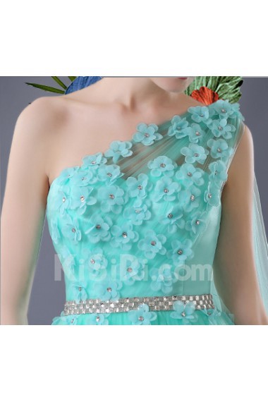 Chiffon One-shoulder Floor Length Sleeveless Sheath Dress with Handmade Flowers, Rhinestone