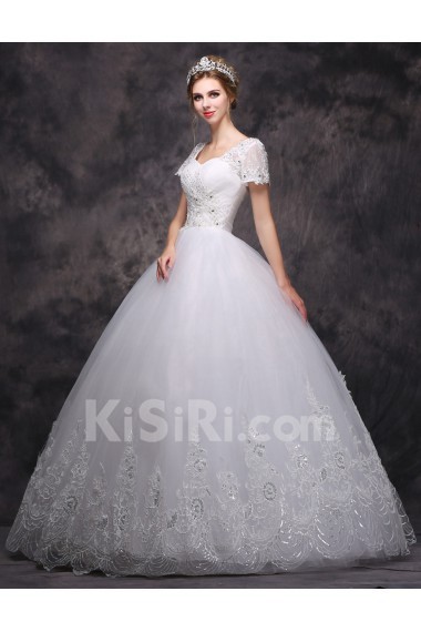 Lace Square Floor Length Cap Sleeve Ball Gown Dress with Sequins