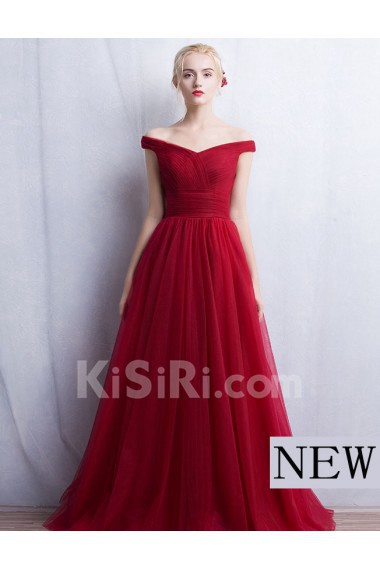 Tulle Off-the-Shoulder Floor Length A-line Dress with Ruched