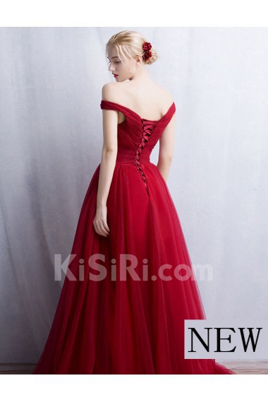 Tulle Off-the-Shoulder Floor Length A-line Dress with Ruched