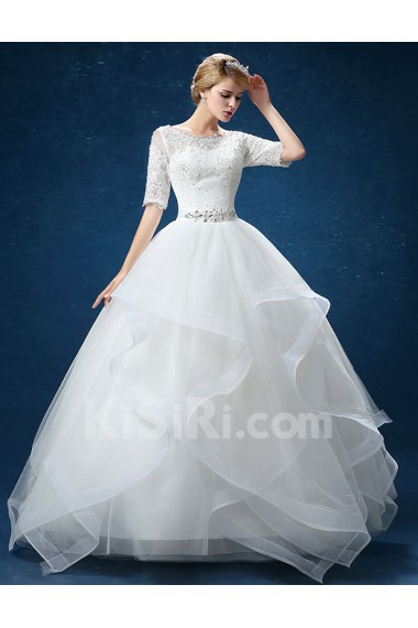 Organza Scoop Floor Length Half Sleeve Ball Gown Dress with Flower, Rhinestone