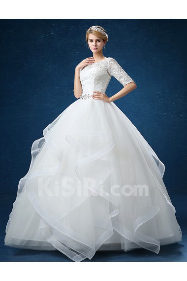 Organza Scoop Floor Length Half Sleeve Ball Gown Dress with Flower, Rhinestone