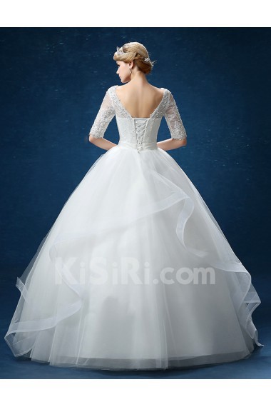 Organza Scoop Floor Length Half Sleeve Ball Gown Dress with Flower, Rhinestone