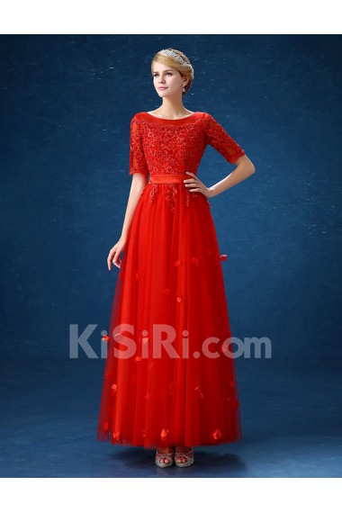 Organza Scoop Floor Length Short Sleeve A-line Dress with Flower