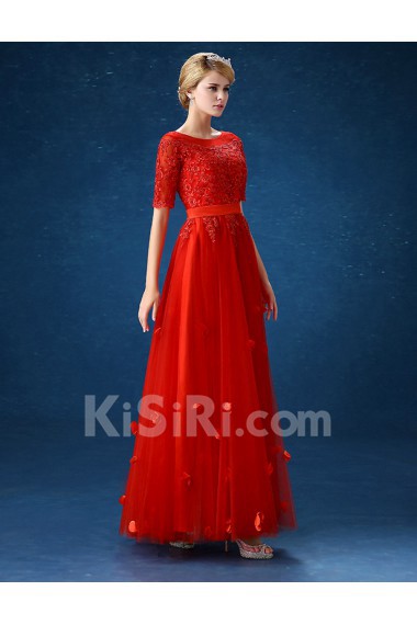 Organza Scoop Floor Length Short Sleeve A-line Dress with Flower