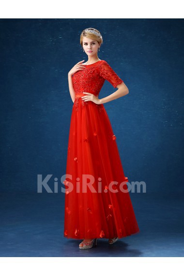 Organza Scoop Floor Length Short Sleeve A-line Dress with Flower