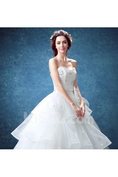 Lace, Organza Sweetheart Floor Length Sleeveless Ball Gown Dress with Bow, Rhinestone, Beads