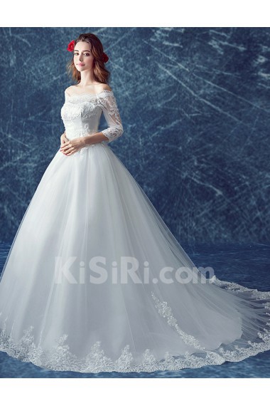 Tulle, Lace Off-the-Shoulder Sweep Train Three-quarter Ball Gown Dress with Sequins