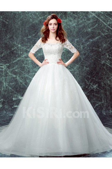 Organza Off-the-Shoulder Chapel Train Half Sleeve Ball Gown Dress with Sequins