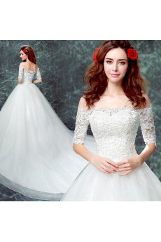 Organza Off-the-Shoulder Chapel Train Half Sleeve Ball Gown Dress with Sequins