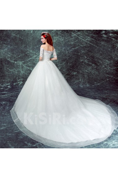 Organza Off-the-Shoulder Chapel Train Half Sleeve Ball Gown Dress with Sequins