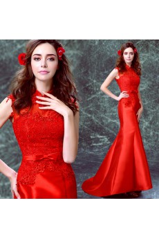 Satin High Collar Sweep Train Cap Sleeve Mermaid Dress with Rhinestone, Bow