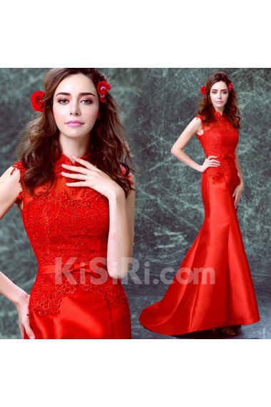 Satin High Collar Sweep Train Cap Sleeve Mermaid Dress with Rhinestone, Bow