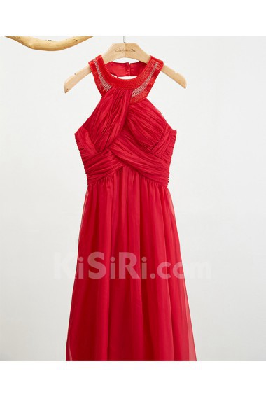 Chiffon Halter Tea-Length Sleeveless A-line Dress with Beads