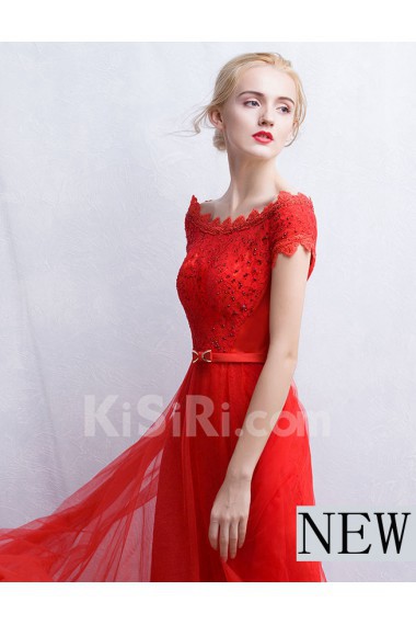 Tulle, Lace Off-the-Shoulder Floor Length Cap Sleeve A-line Dress with Bow