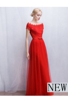 Tulle, Lace Off-the-Shoulder Floor Length Cap Sleeve A-line Dress with Bow