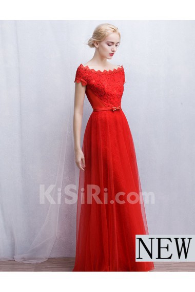 Tulle, Lace Off-the-Shoulder Floor Length Cap Sleeve A-line Dress with Bow