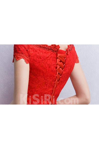 Tulle, Lace Off-the-Shoulder Floor Length Cap Sleeve A-line Dress with Bow