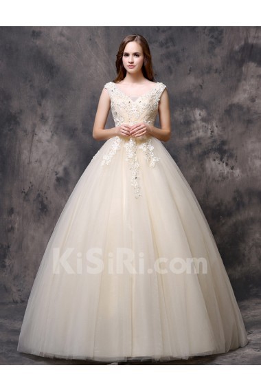 Organza V-neck Floor Length Sleeveless Ball Gown Dress with Bow, Beads