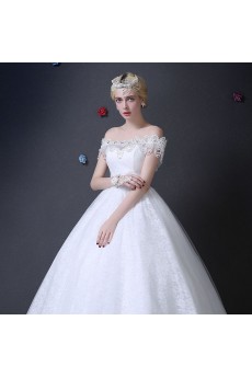 Lace Off-the-Shoulder Floor Length Ball Gown Dress with Pearl