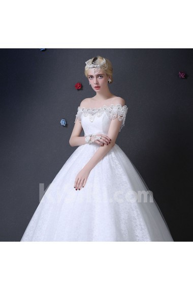 Lace Off-the-Shoulder Floor Length Ball Gown Dress with Pearl