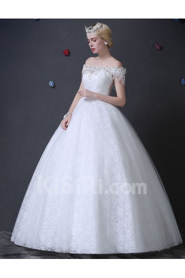 Lace Off-the-Shoulder Floor Length Ball Gown Dress with Pearl