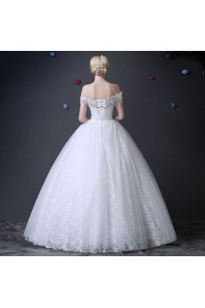 Lace Off-the-Shoulder Floor Length Ball Gown Dress with Pearl