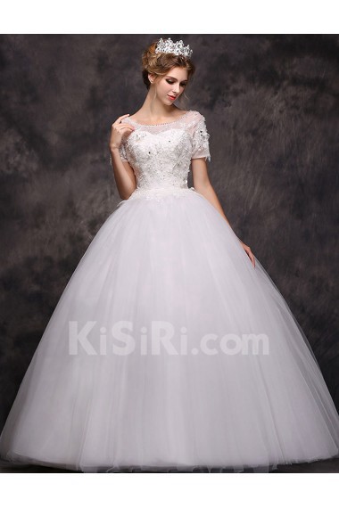 Lace Scoop Floor Length Short Sleeve Ball Gown Dress with Sequins, Beads