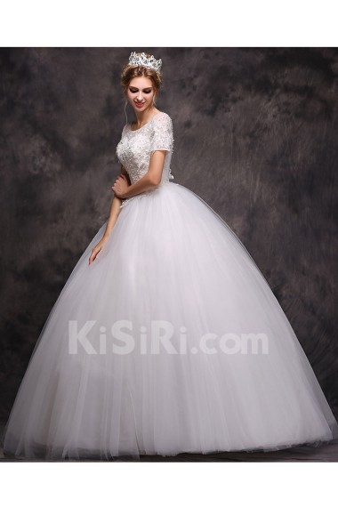 Lace Scoop Floor Length Short Sleeve Ball Gown Dress with Sequins, Beads