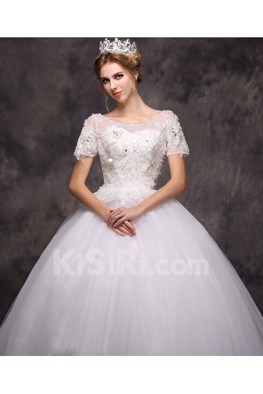 Lace Scoop Floor Length Short Sleeve Ball Gown Dress with Sequins, Beads