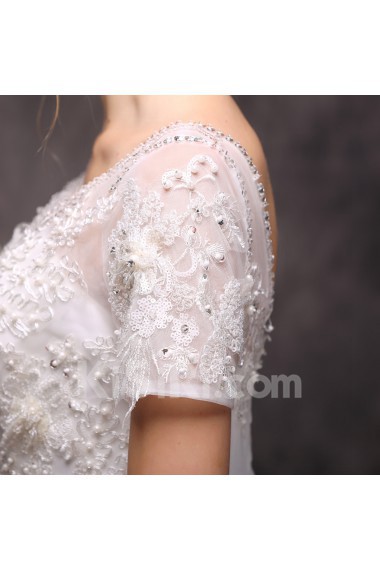 Lace Scoop Floor Length Short Sleeve Ball Gown Dress with Sequins, Beads