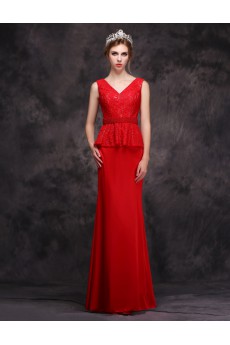 Chiffon V-neck Floor Length Sleeveless Sheath Dress with Beads