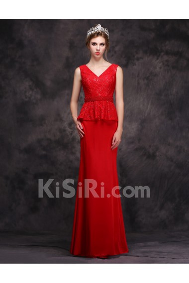 Chiffon V-neck Floor Length Sleeveless Sheath Dress with Beads