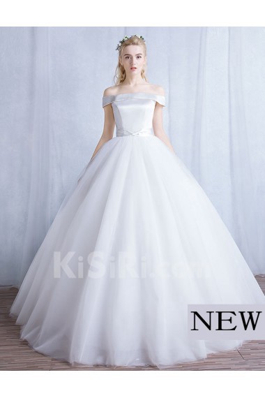 Tulle, Satin Off-the-Shoulder Floor Length Ball Gown Dress with Sash