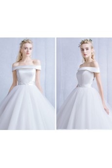 Tulle, Satin Off-the-Shoulder Floor Length Ball Gown Dress with Sash