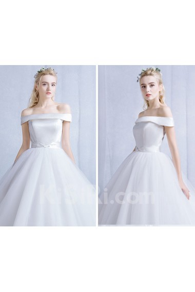 Tulle, Satin Off-the-Shoulder Floor Length Ball Gown Dress with Sash