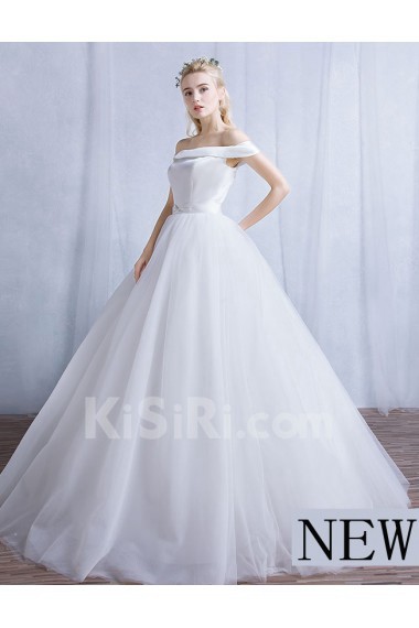 Tulle, Satin Off-the-Shoulder Floor Length Ball Gown Dress with Sash